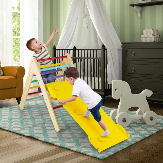 3-in-1 Wooden Climbing Triangle Set Triangle Climber With Ramp-Multicolor