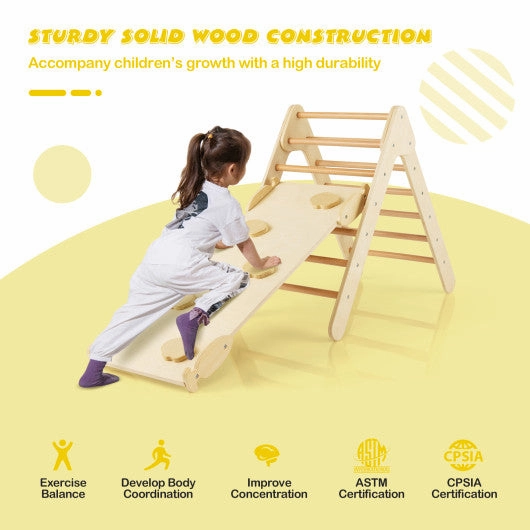 3-in-1 Wooden Climbing Triangle Set Triangle Climber With Ramp-Natural
