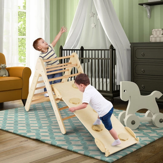 3-in-1 Wooden Climbing Triangle Set Triangle Climber With Ramp-Natural