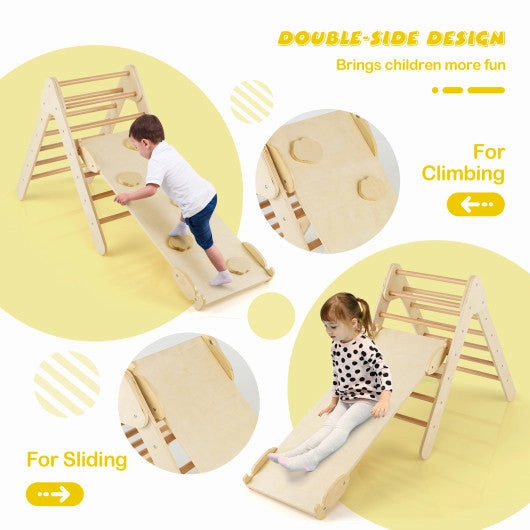 3-in-1 Wooden Climbing Triangle Set Triangle Climber With Ramp-Natural