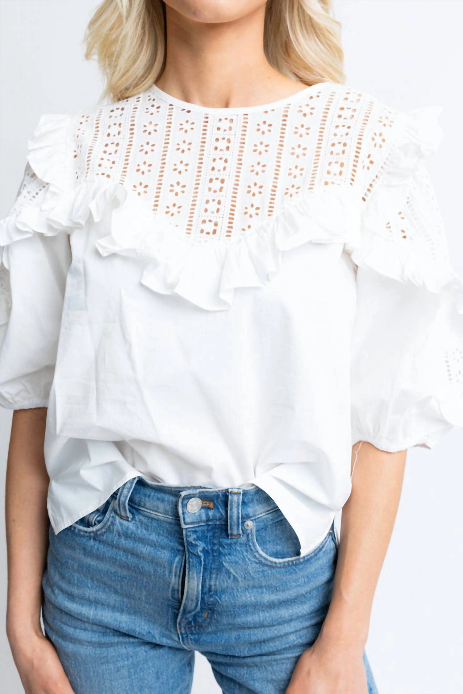 "graceful Gal" Eyelet Poplin Top In White