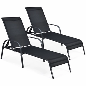 Costway OP70508-2 2PCS Outdoor Patio Lounge Chair Chaise Fabric Adjustable Reclining Armrest, Black