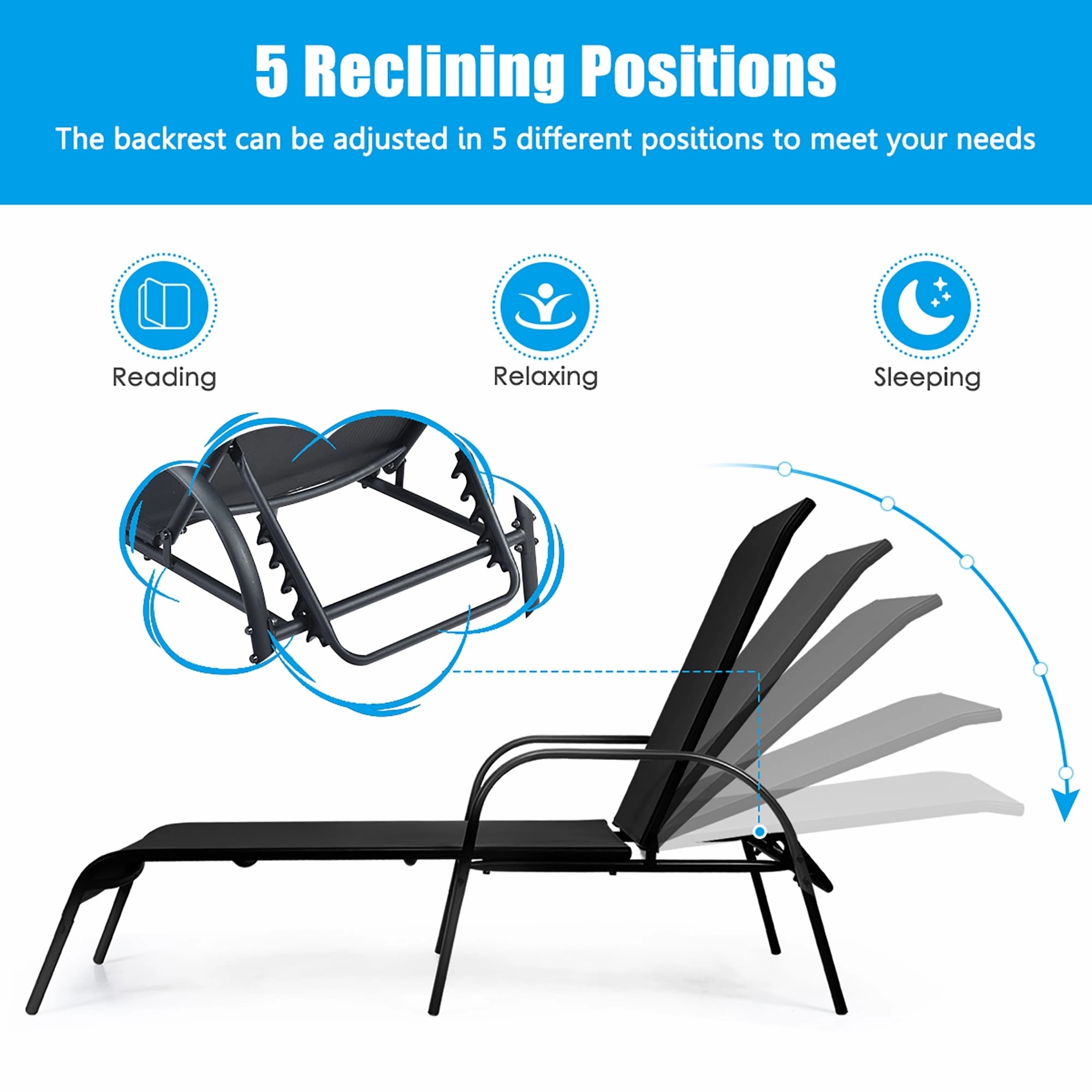 Costway OP70508-2 2PCS Outdoor Patio Lounge Chair Chaise Fabric Adjustable Reclining Armrest, Black