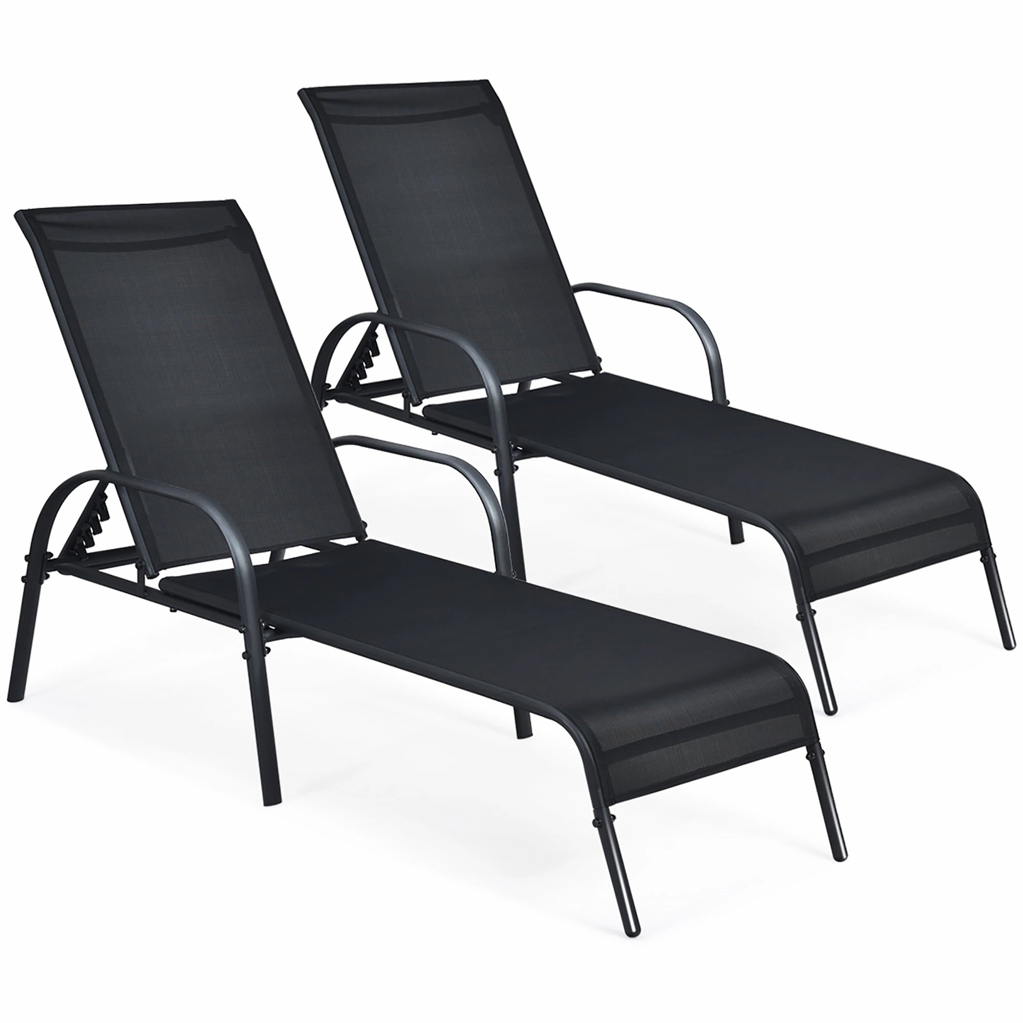 Costway OP70508-2 2PCS Outdoor Patio Lounge Chair Chaise Fabric Adjustable Reclining Armrest, Black