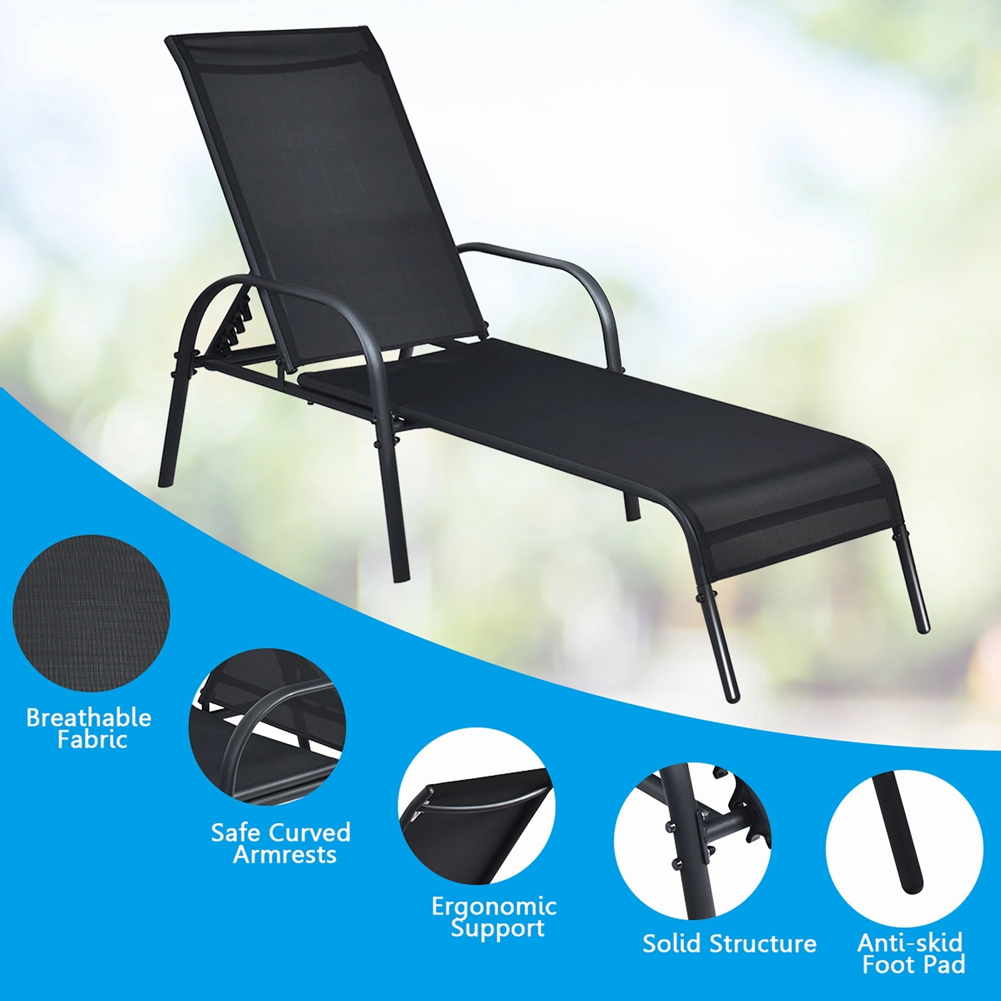 Costway OP70508-2 2PCS Outdoor Patio Lounge Chair Chaise Fabric Adjustable Reclining Armrest, Black