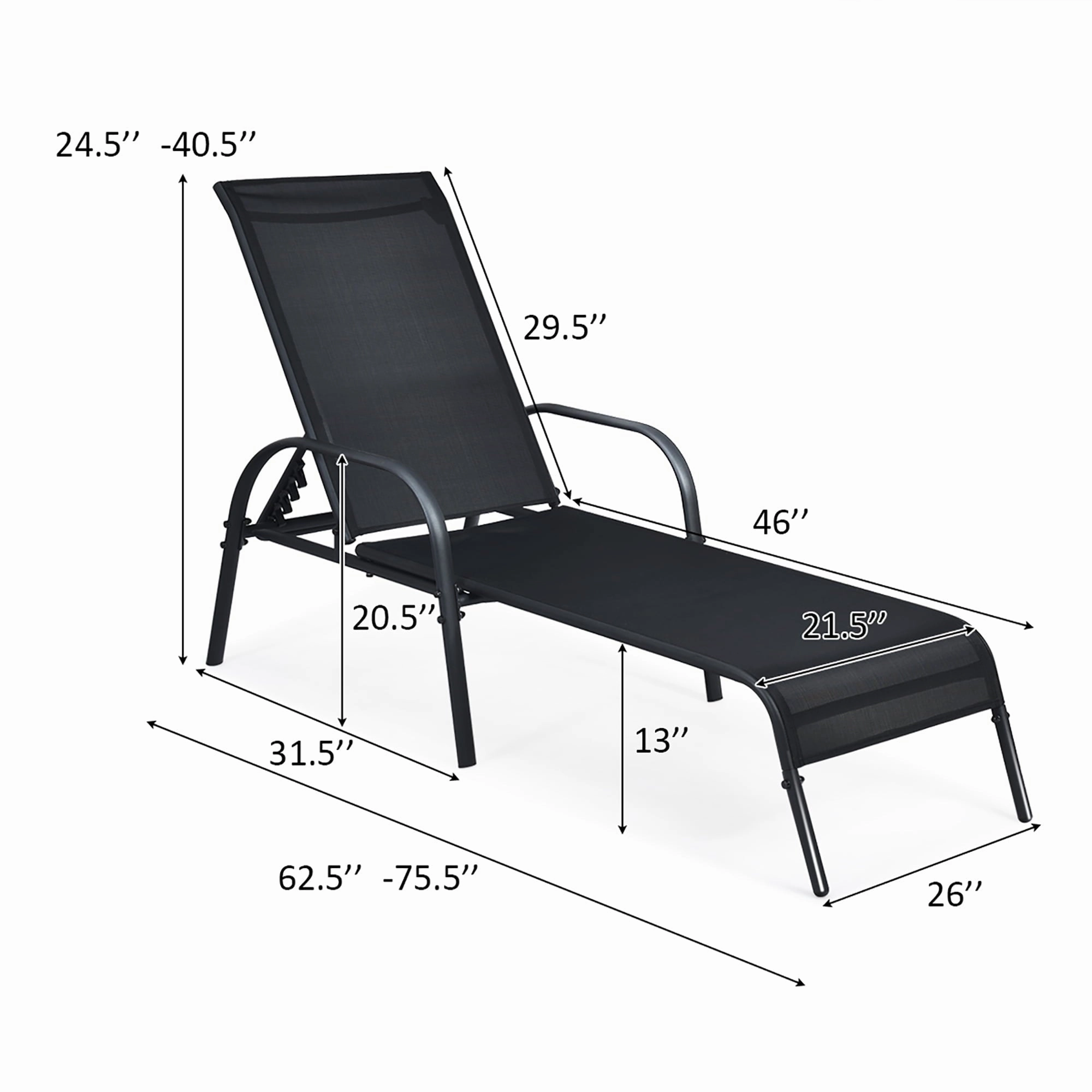 Costway OP70508-2 2PCS Outdoor Patio Lounge Chair Chaise Fabric Adjustable Reclining Armrest, Black