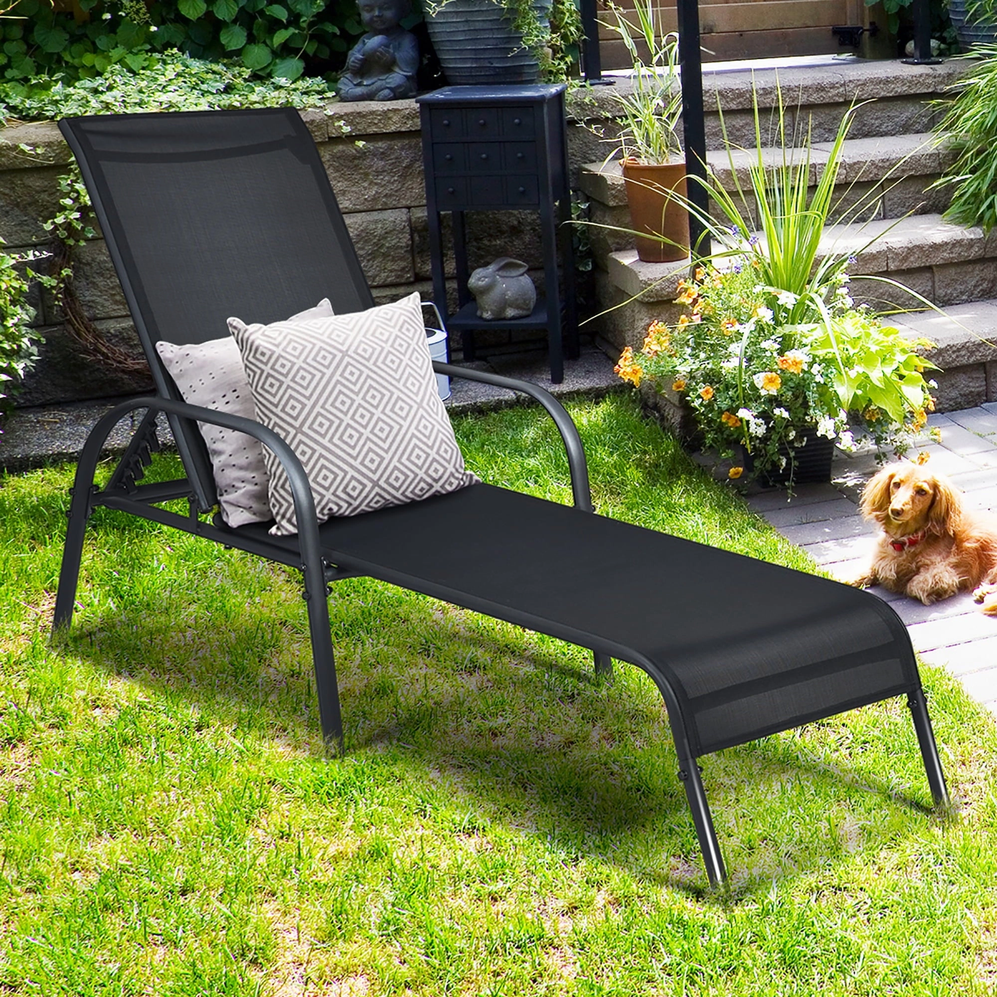 Costway OP70508-2 2PCS Outdoor Patio Lounge Chair Chaise Fabric Adjustable Reclining Armrest, Black