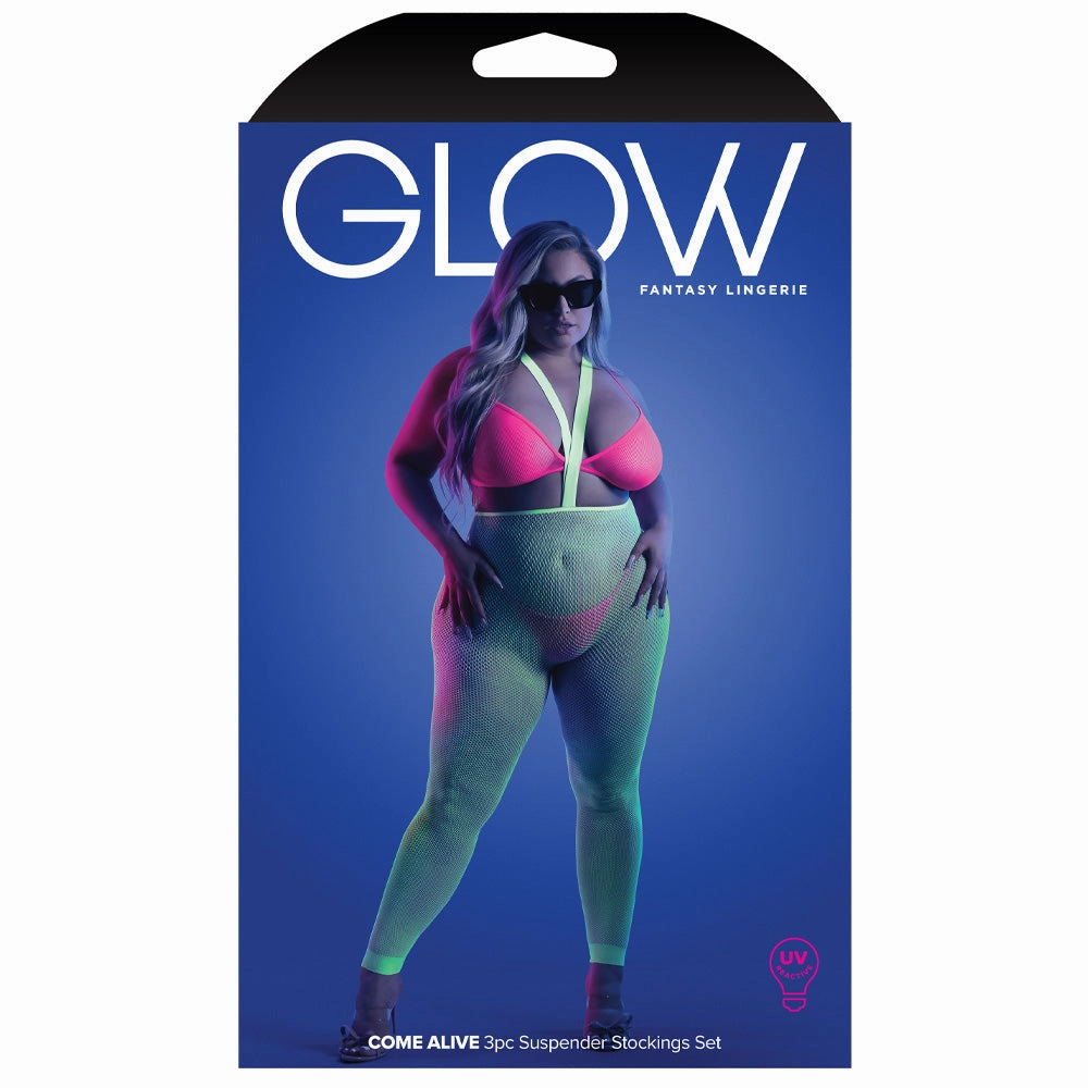 Fantasy Lingerie Glow Come Alive Suspender Stockings Set - Curvy