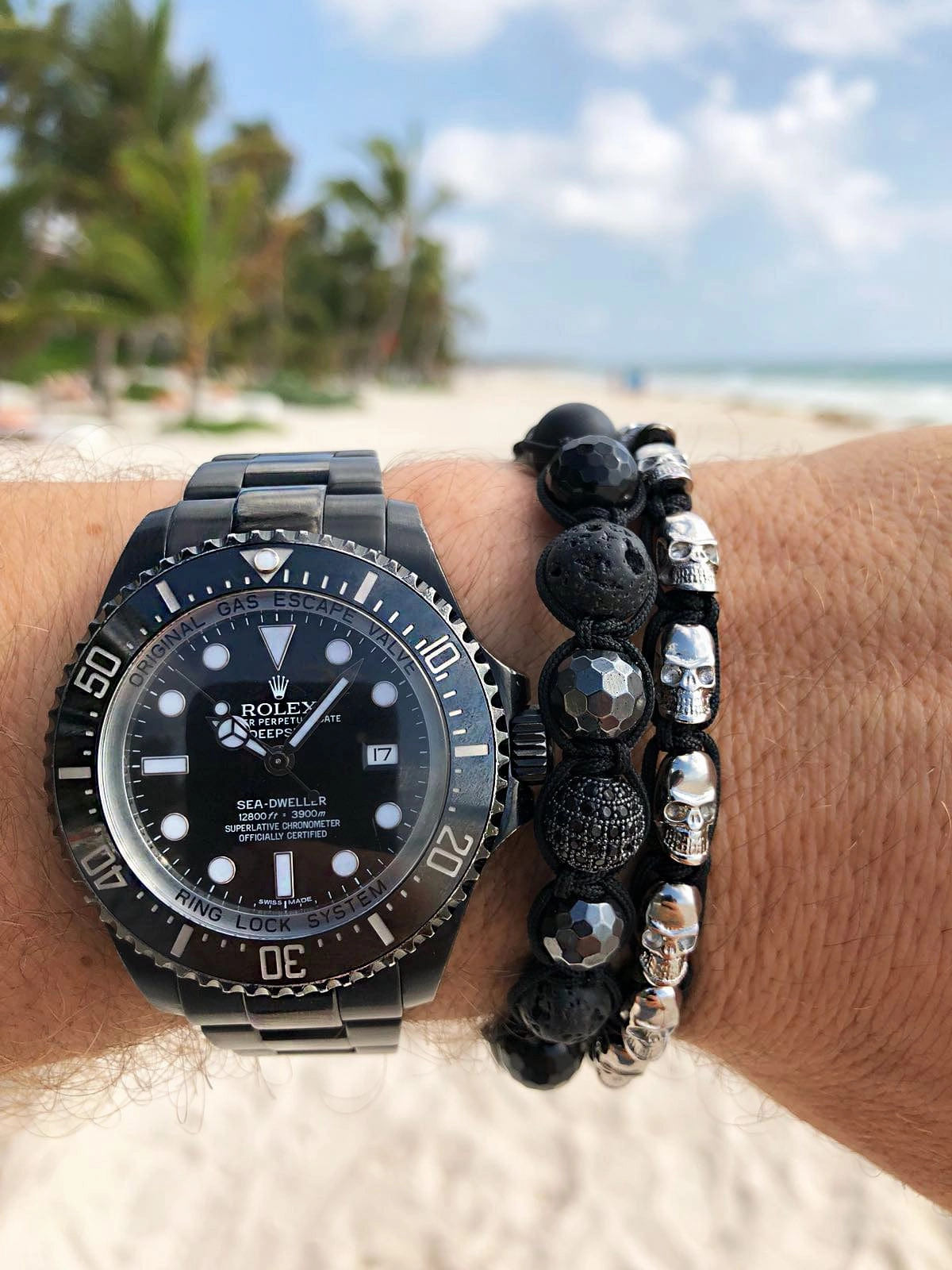 Men's Beaded Bracelet with Black CZ Diamond, Lava Stone, Matte Onyx, and Agate