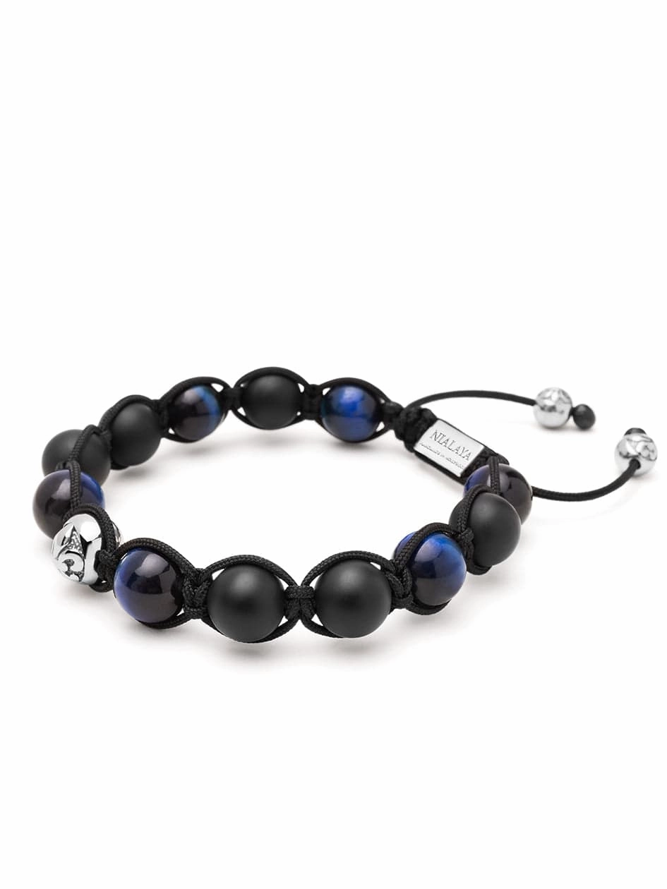 Men's Beaded Bracelet with Blue Tiger Eye and Black Onyx