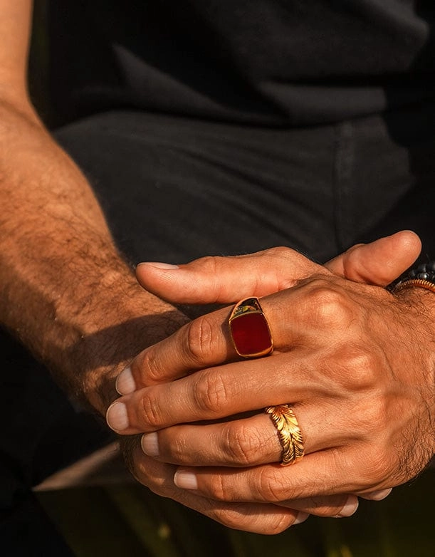 Men's Gold Signet Ring with Red Agate