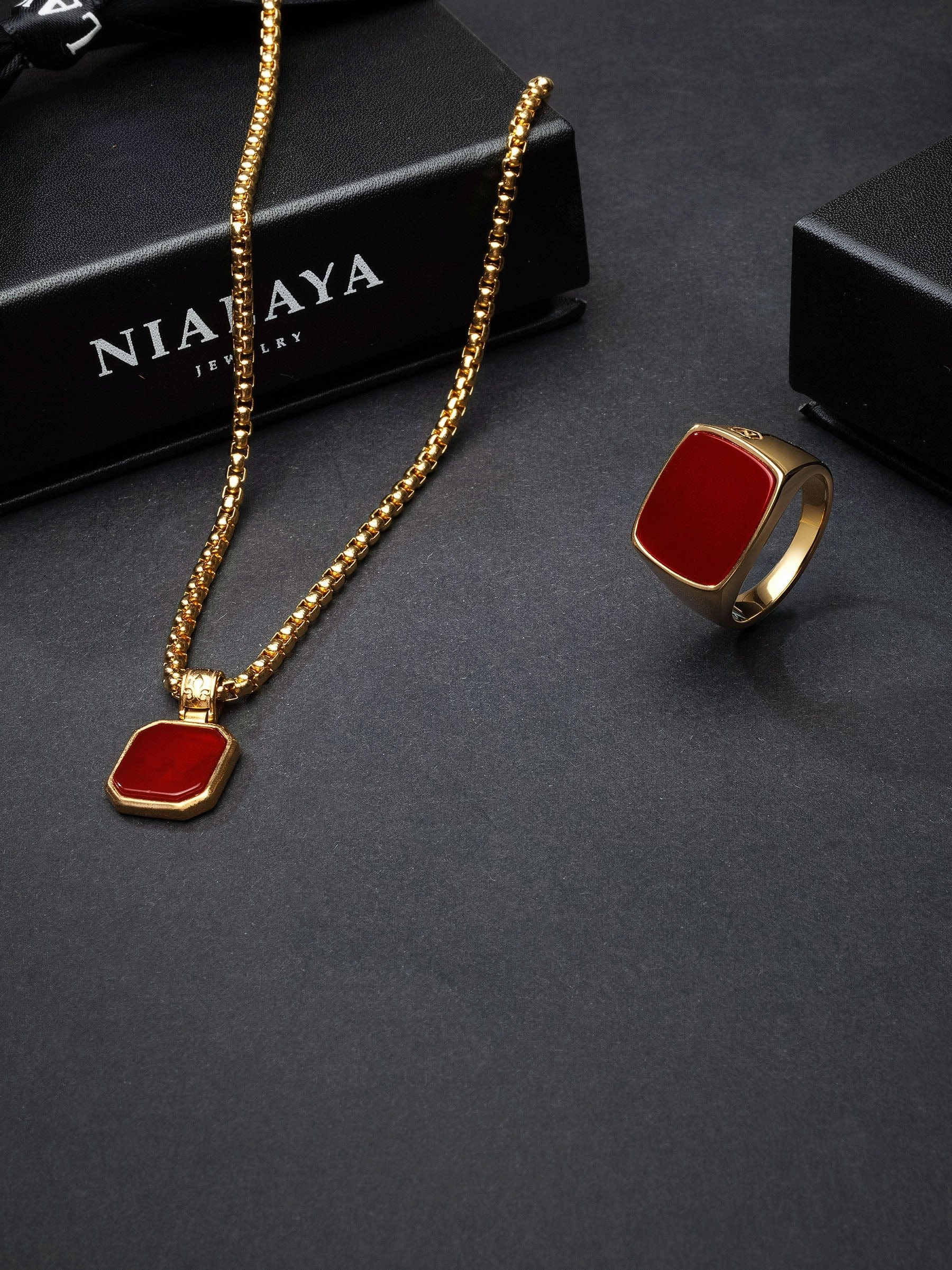 Men's Gold Signet Ring with Red Agate