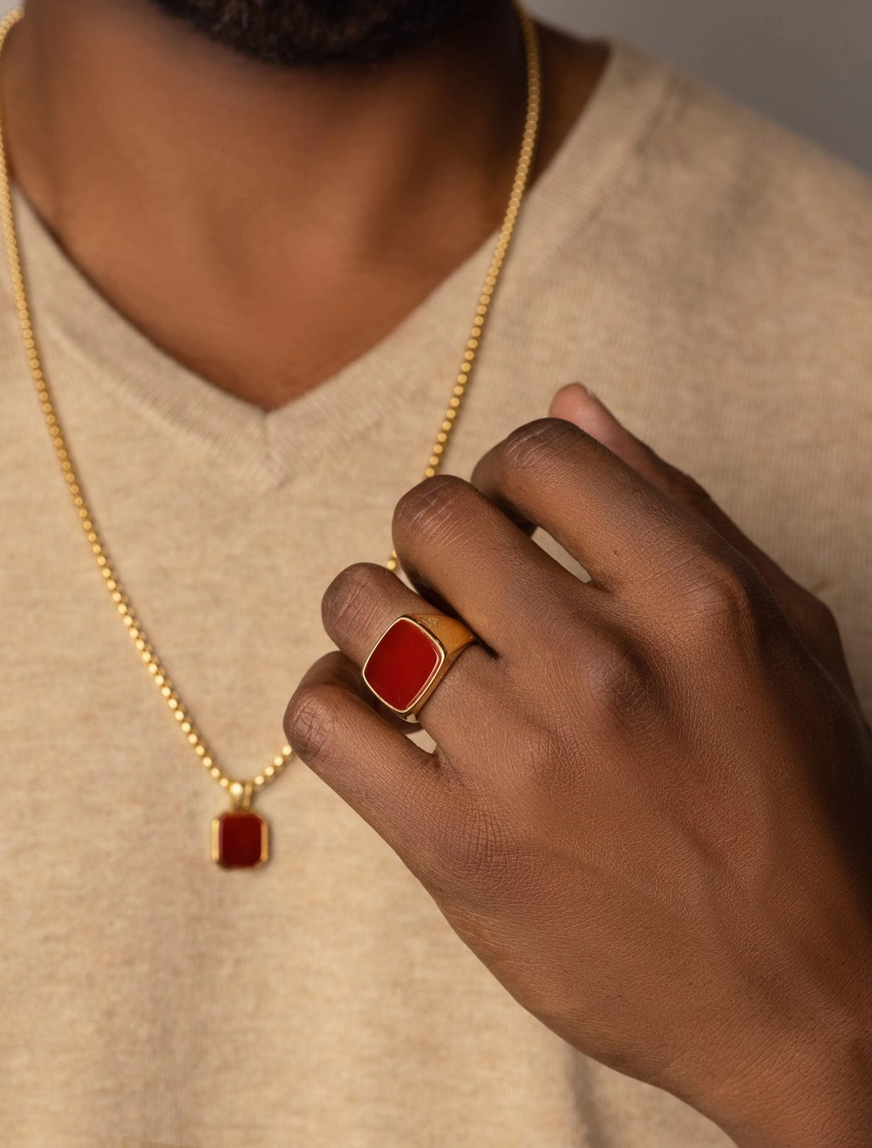Men's Gold Signet Ring with Red Agate