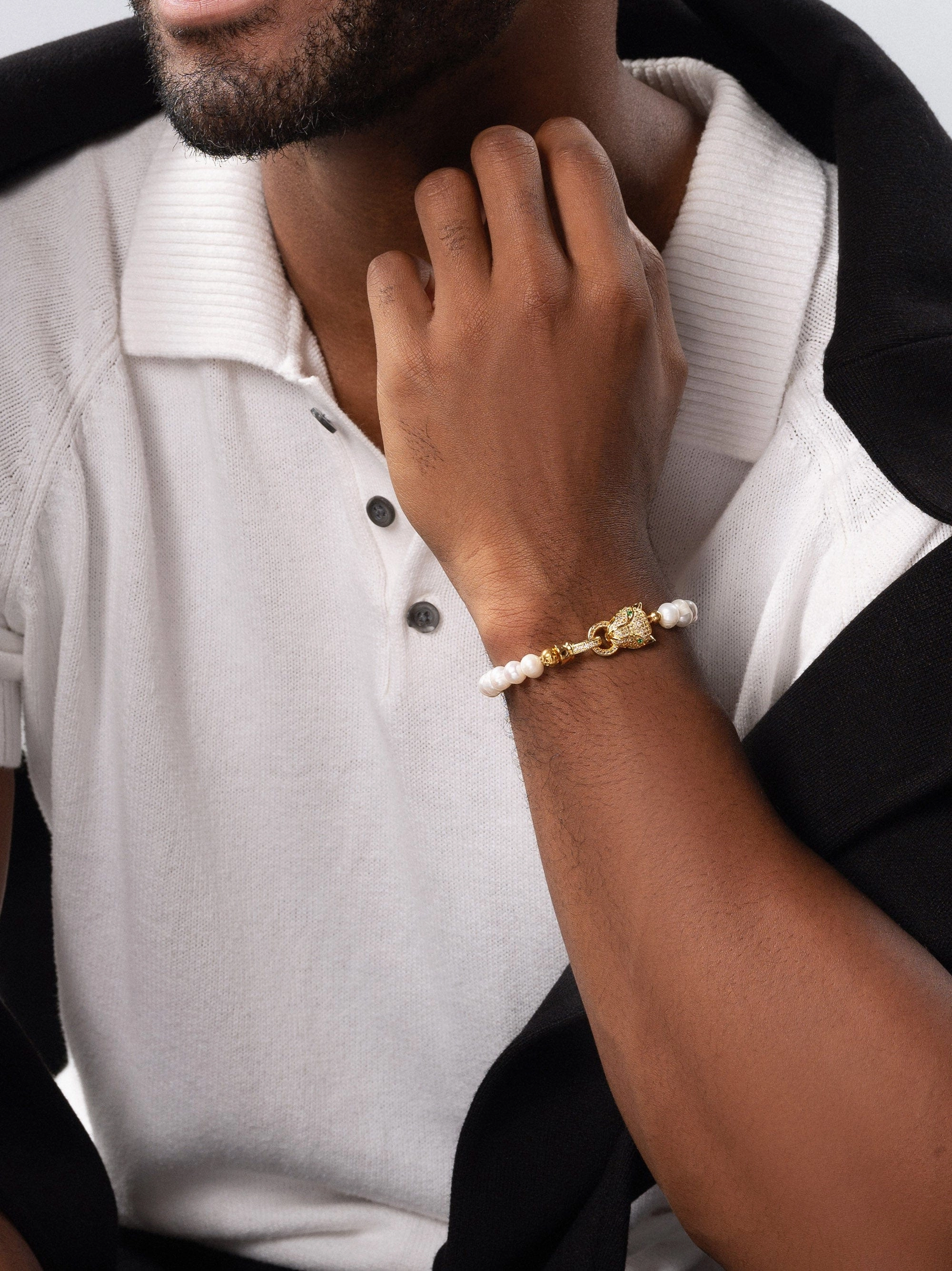 Men's Pearl Bracelet with Gold Panther