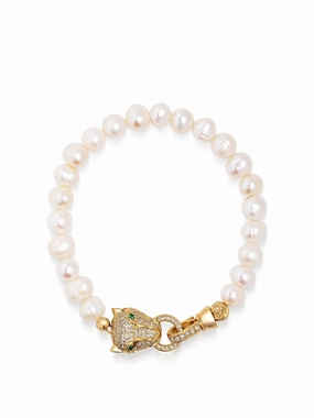 Men's Pearl Bracelet with Gold Panther