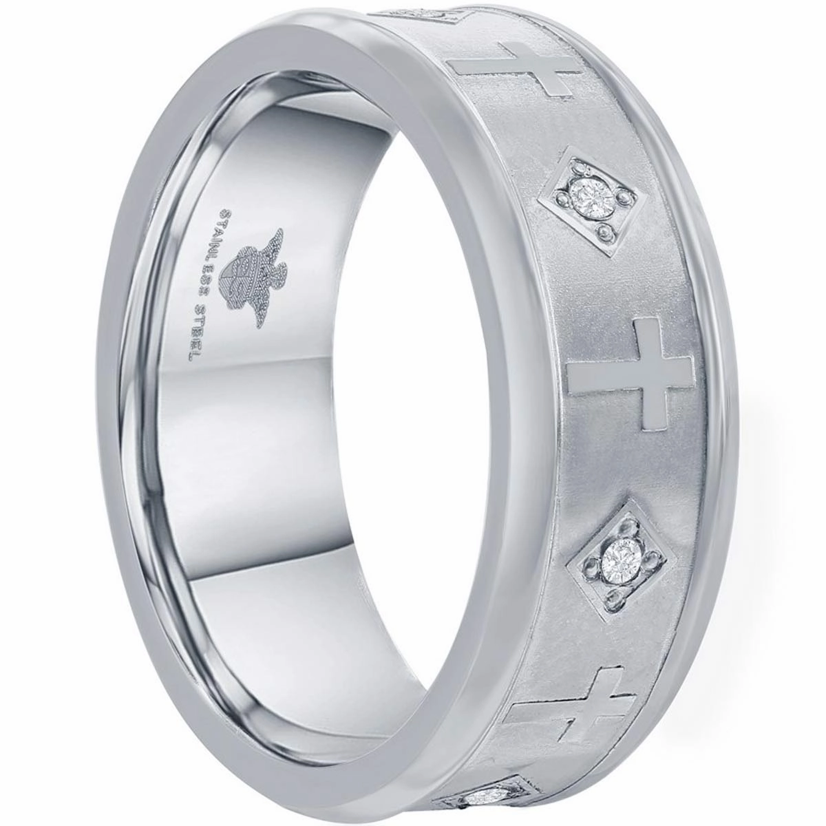 Men's Ring - Brushed and Polished Silver CZ Cross, Size 9 | SW-2110-9