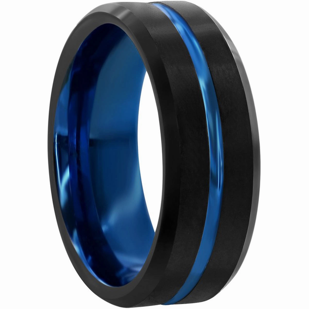 Men's Ring - Matte Black and Blue Stripe Tungsten, Size 9 | SW-2076-9