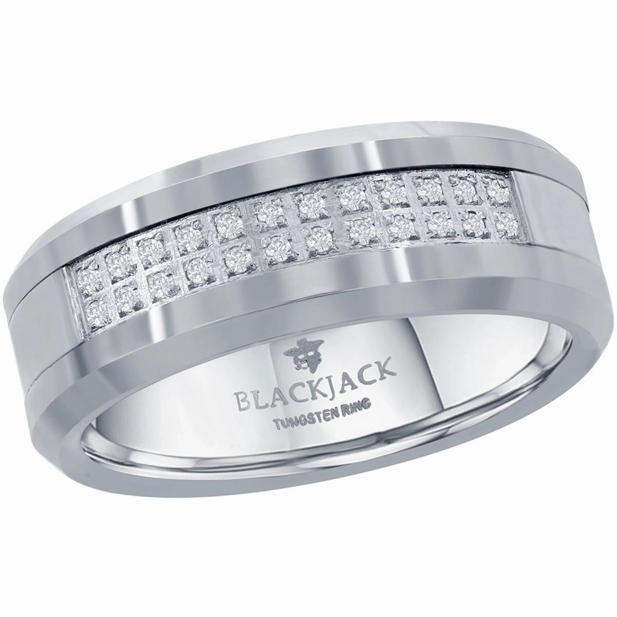 Men's Ring - Polished Double Row CZ Silver Tungsten, Size 9 | SW-2080-9