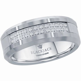 Men's Ring - Polished Double Row CZ Silver Tungsten, Size 9 | SW-2080-9