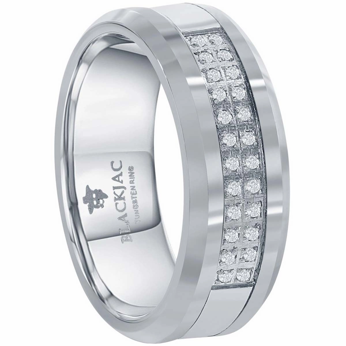 Men's Ring - Polished Double Row CZ Silver Tungsten, Size 9 | SW-2080-9