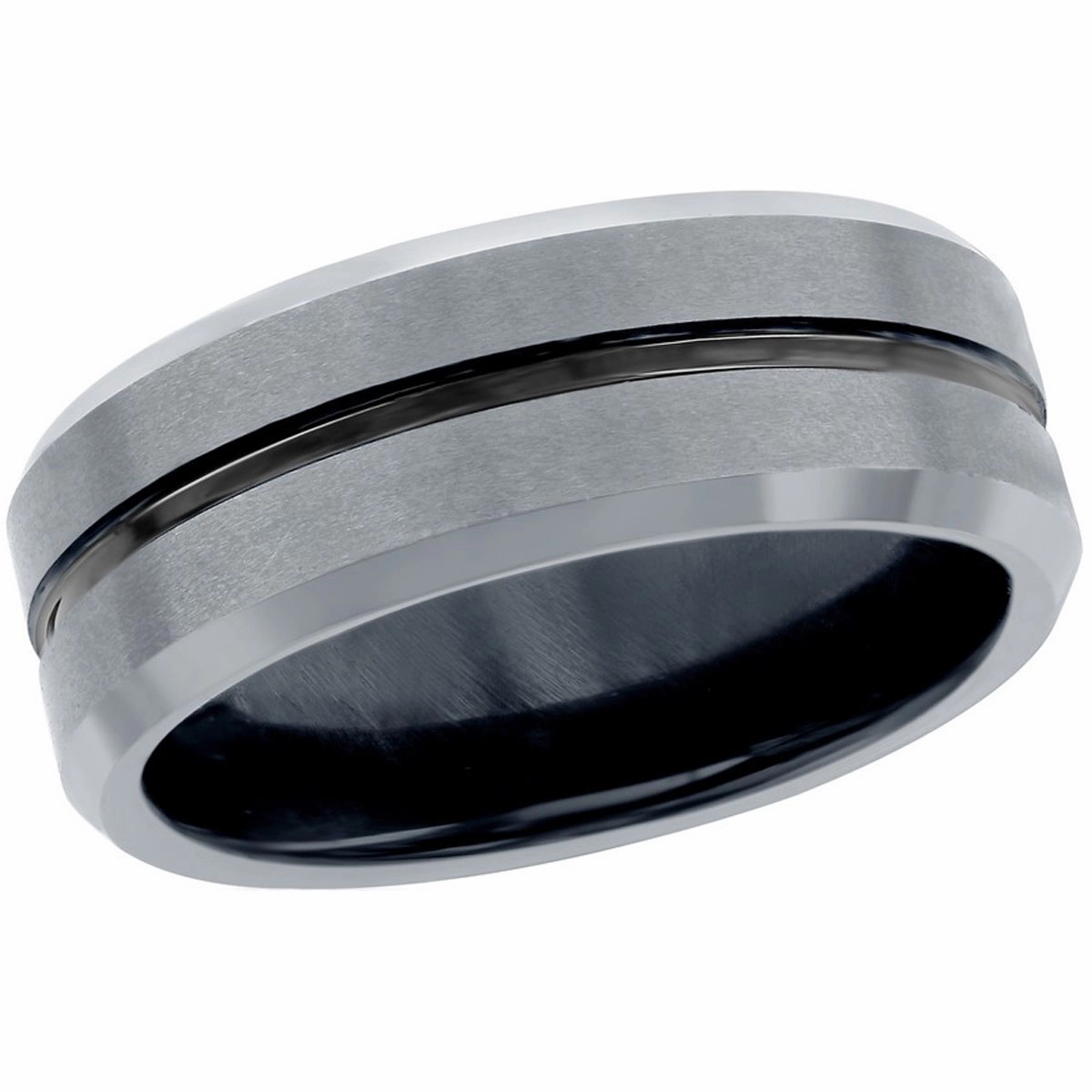 Men's Ring - Polished Silver and Black Stripe Tungsten, Size 9 | SW-2077-9