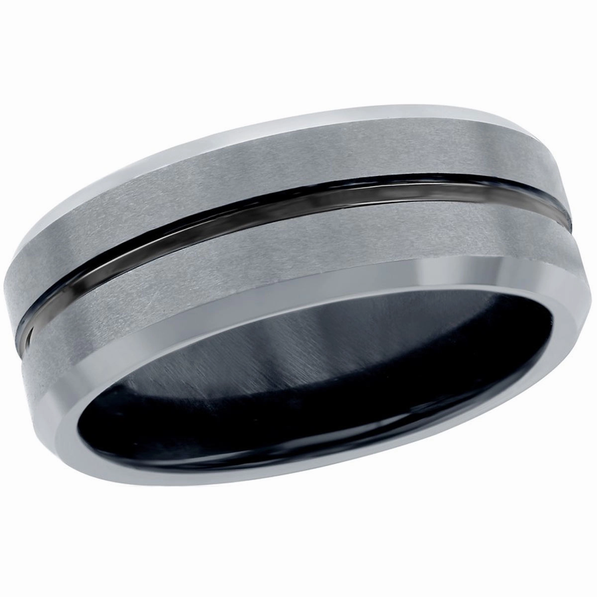 Men's Ring - Polished Silver and Black Stripe Tungsten, Size 9 | SW-2077-9