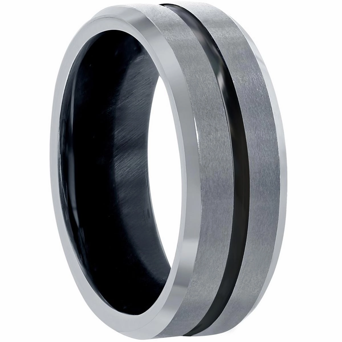 Men's Ring - Polished Silver and Black Stripe Tungsten, Size 9 | SW-2077-9