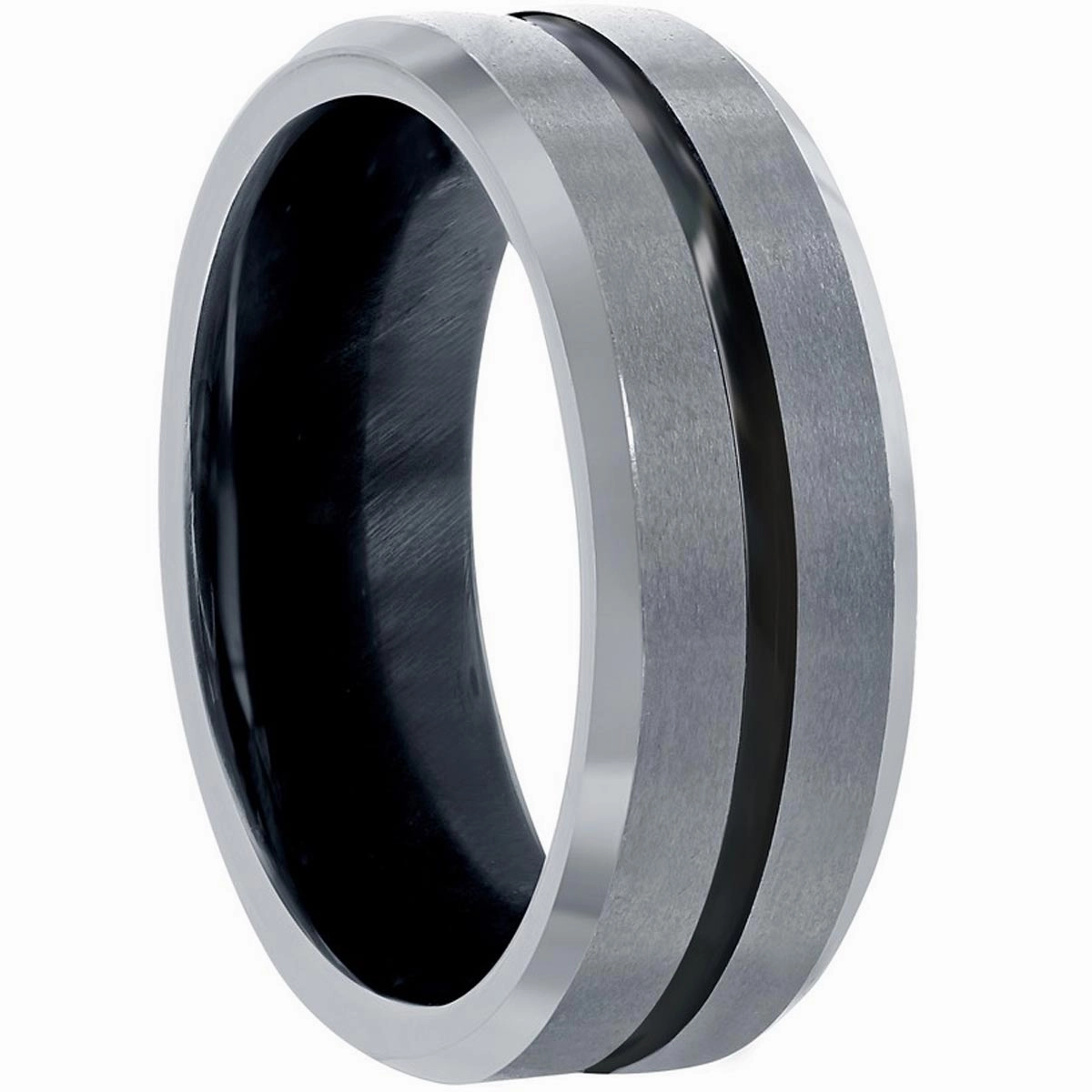 Men's Ring - Polished Silver and Black Stripe Tungsten, Size 9 | SW-2077-9