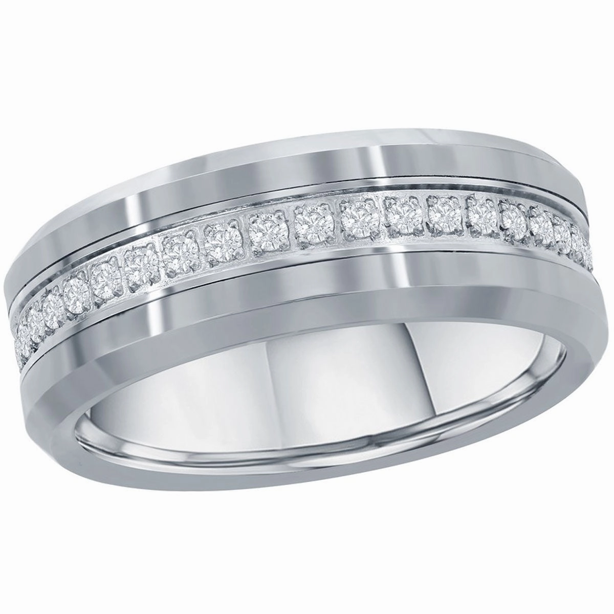 Men's Ring - Polished Silver CZ Eternity Tungsten Band, Size 13 | SW-2081-13