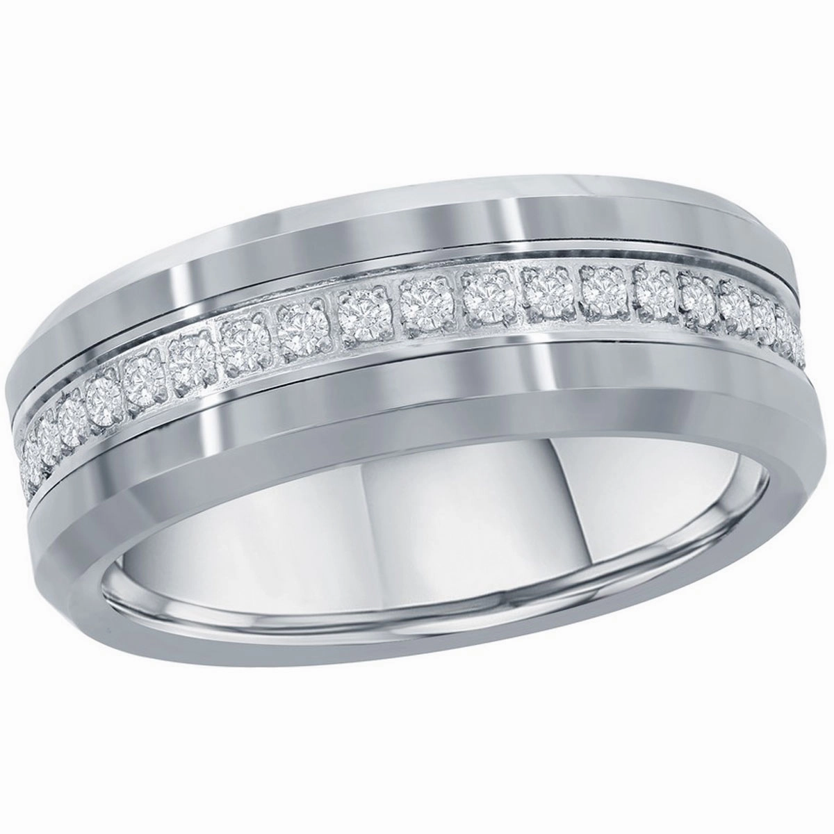 Men's Ring - Polished Silver CZ Eternity Tungsten Band, Size 13 | SW-2081-13