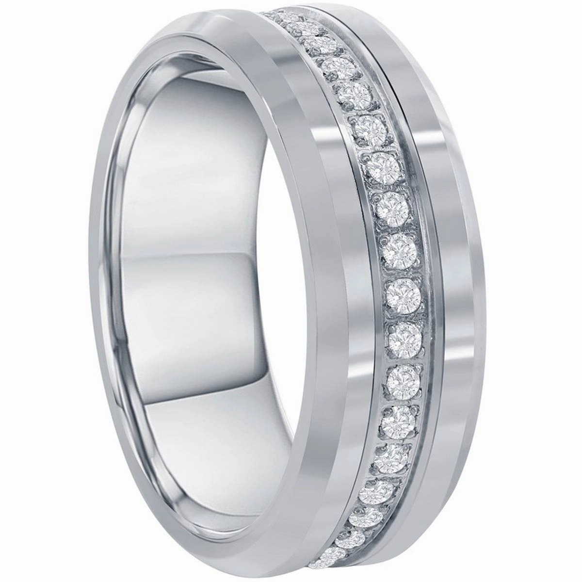 Men's Ring - Polished Silver CZ Eternity Tungsten Band, Size 13 | SW-2081-13