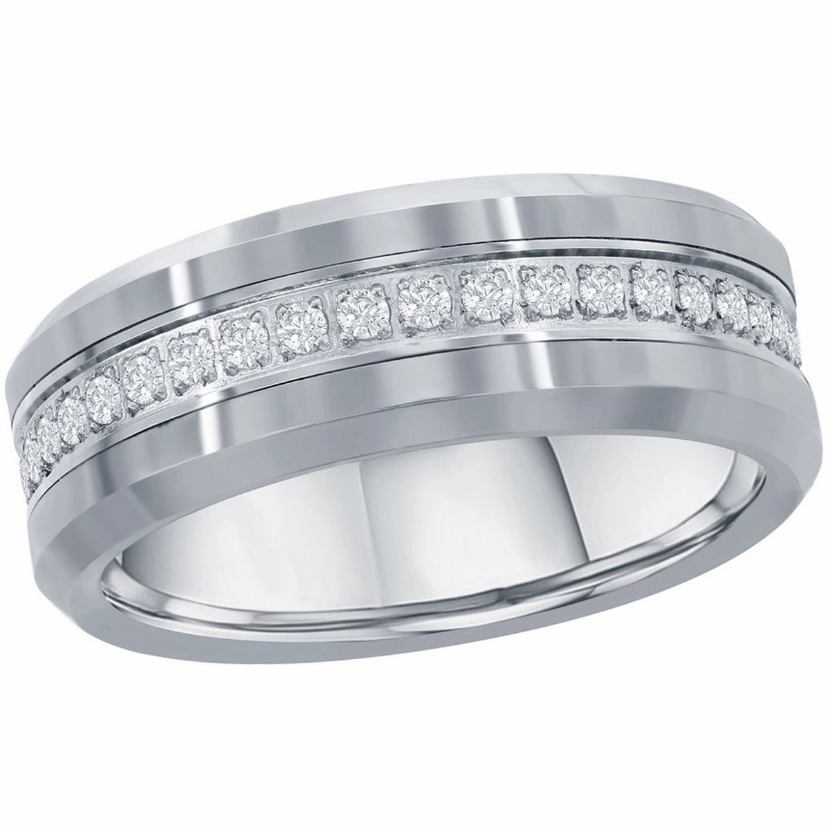 Men's Ring - Polished Silver CZ Eternity Tungsten Band, Size 13 | SW-2081-13