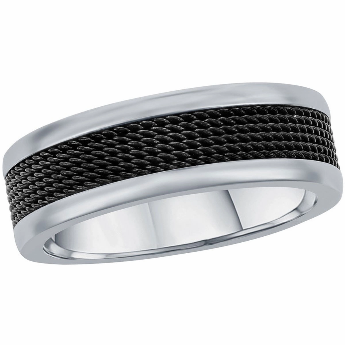 Men's Ring - Silver Steel and Black Mesh Inlay Band, Size 9 | SW-2114-9