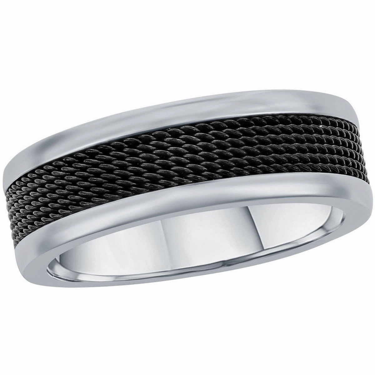 Men's Ring - Silver Steel and Black Mesh Inlay Band, Size 9 | SW-2114-9