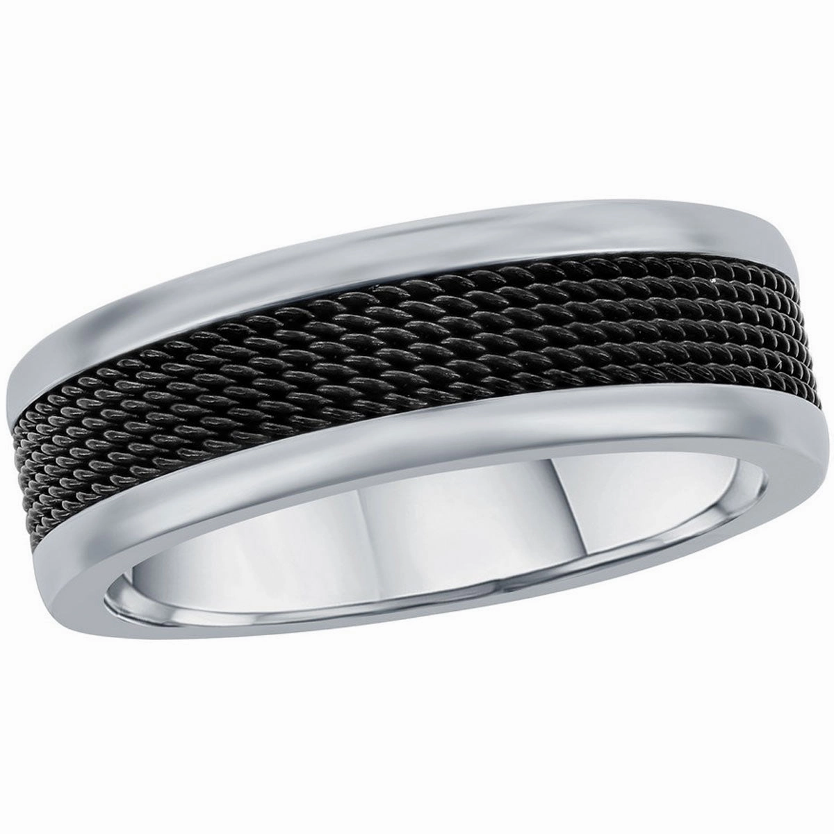 Men's Ring - Silver Steel and Black Mesh Inlay Band, Size 9 | SW-2114-9