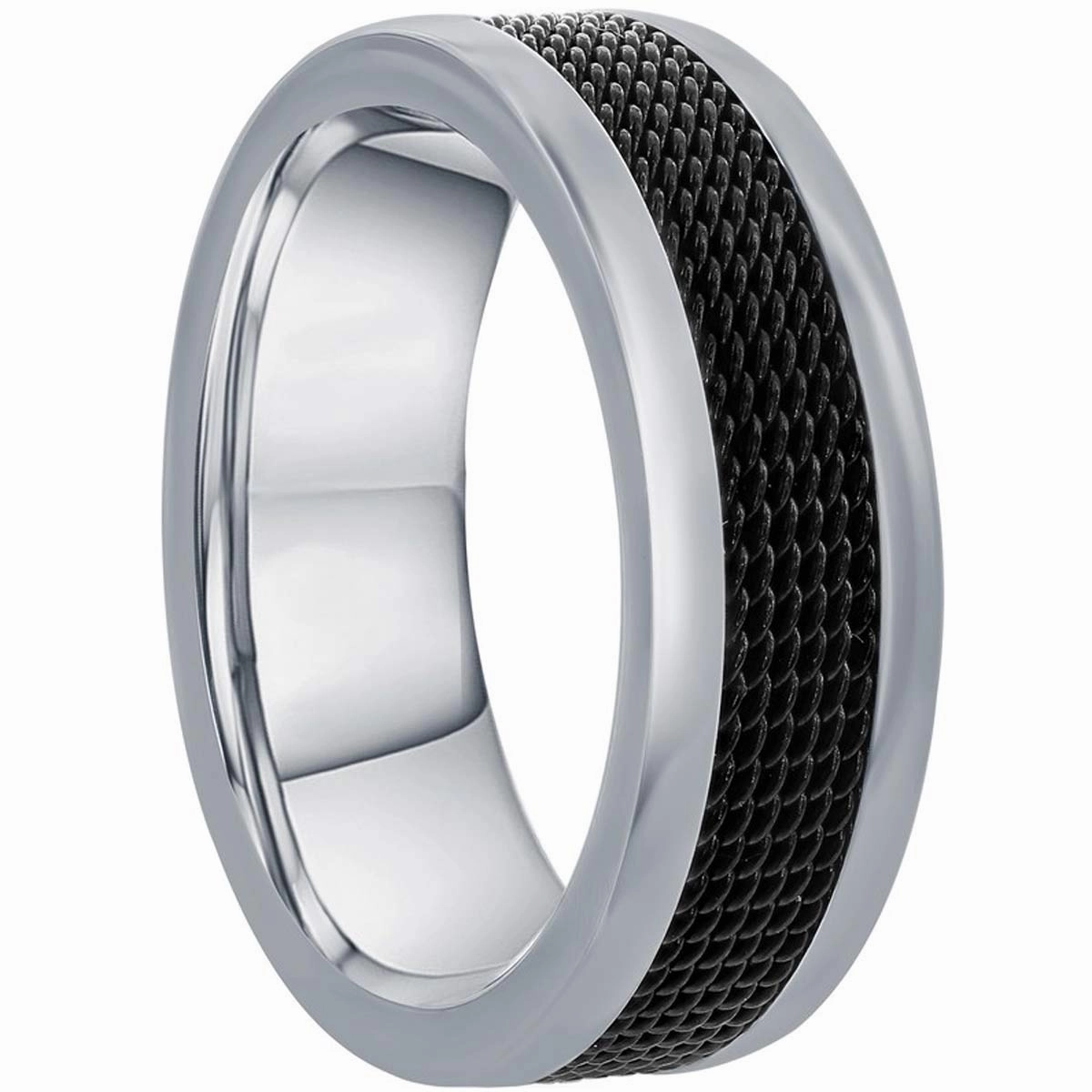 Men's Ring - Silver Steel and Black Mesh Inlay Band, Size 9 | SW-2114-9