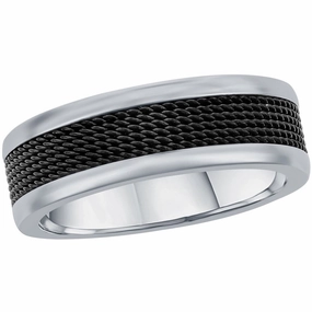 Men's Ring - Silver Steel and Black Mesh Inlay Band, Size 9 | SW-2114-9