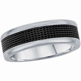 Men's Ring - Silver Steel and Black Mesh Inlay Band, Size 9 | SW-2114-9