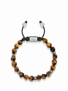 Men's Sterling Silver Faceted Beaded Bracelet with Brown Tiger Eye