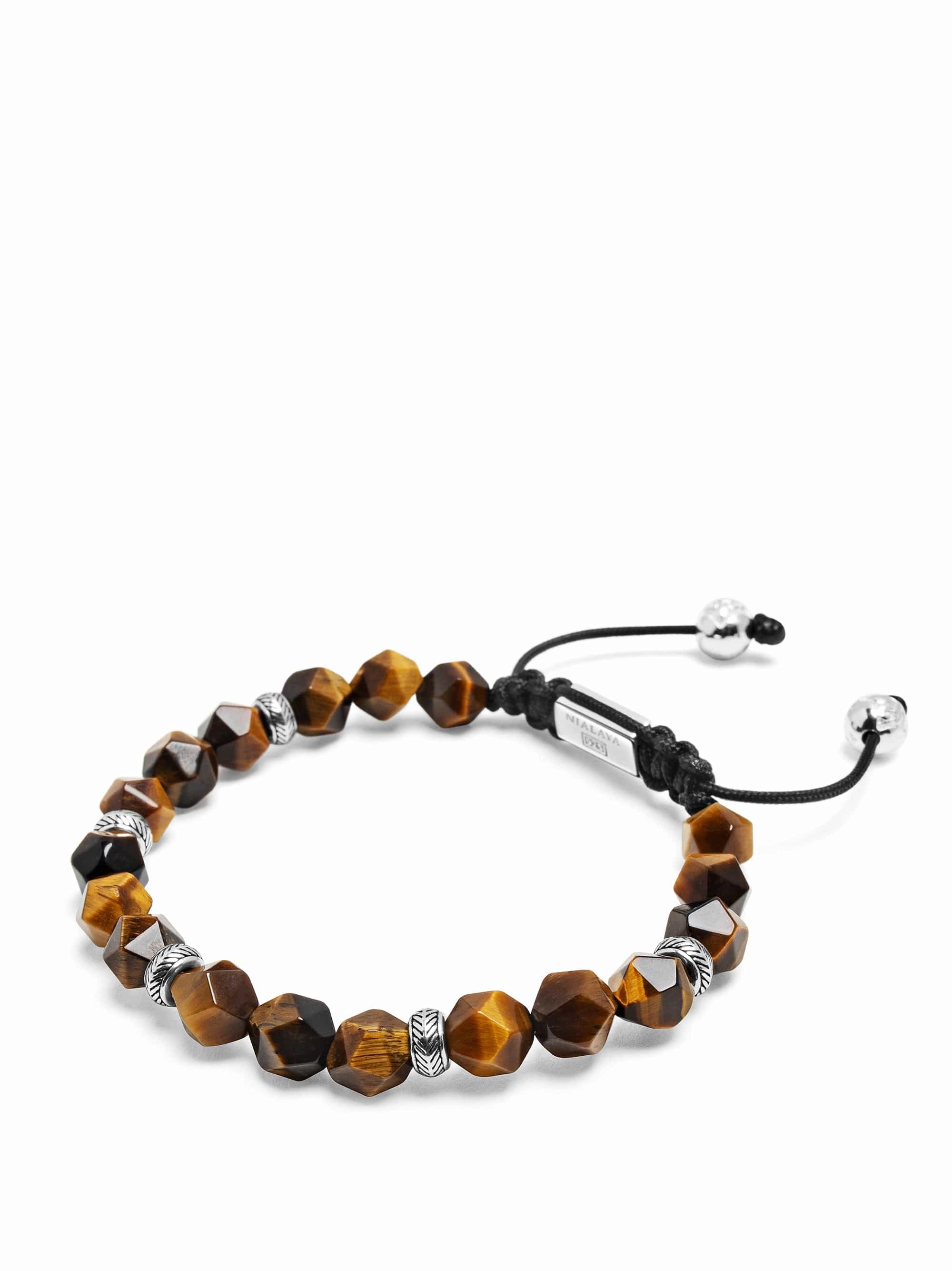 Men's Sterling Silver Faceted Beaded Bracelet with Brown Tiger Eye