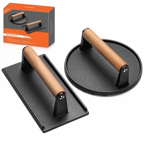 Mibote BP-2RRT 7 " Round 8.2" x 4.3" Rectangle Cast iron Grill Press with Wooden Handle (2 Count)