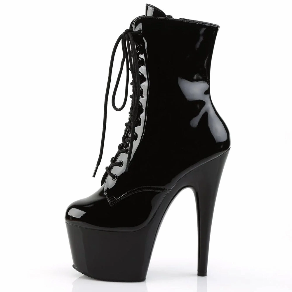 Pleaser Adore 7" Stiletto Lace-Up Platform Ankle Boots - Patent Black