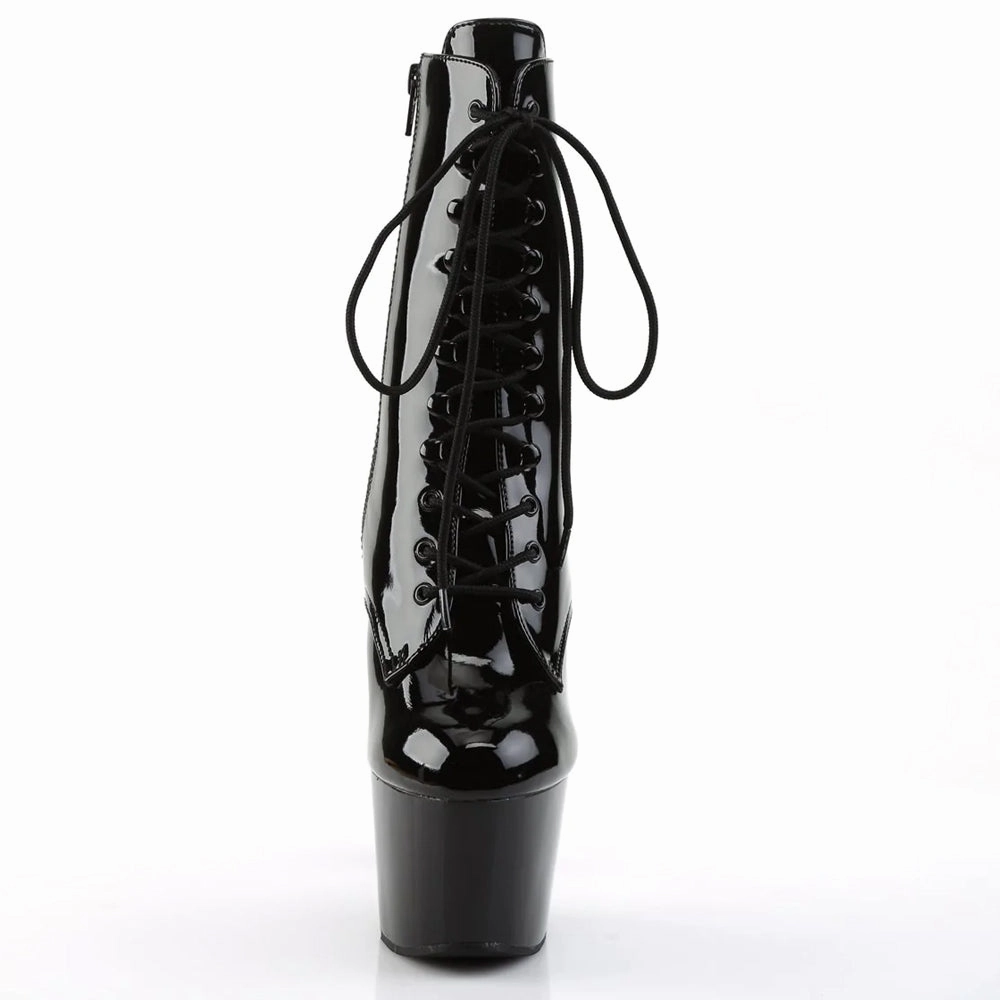 Pleaser Adore 7" Stiletto Lace-Up Platform Ankle Boots - Patent Black