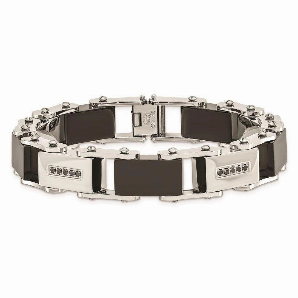 Stainless Steel Black-plated w/Black Diamonds 8.5in Bracelet