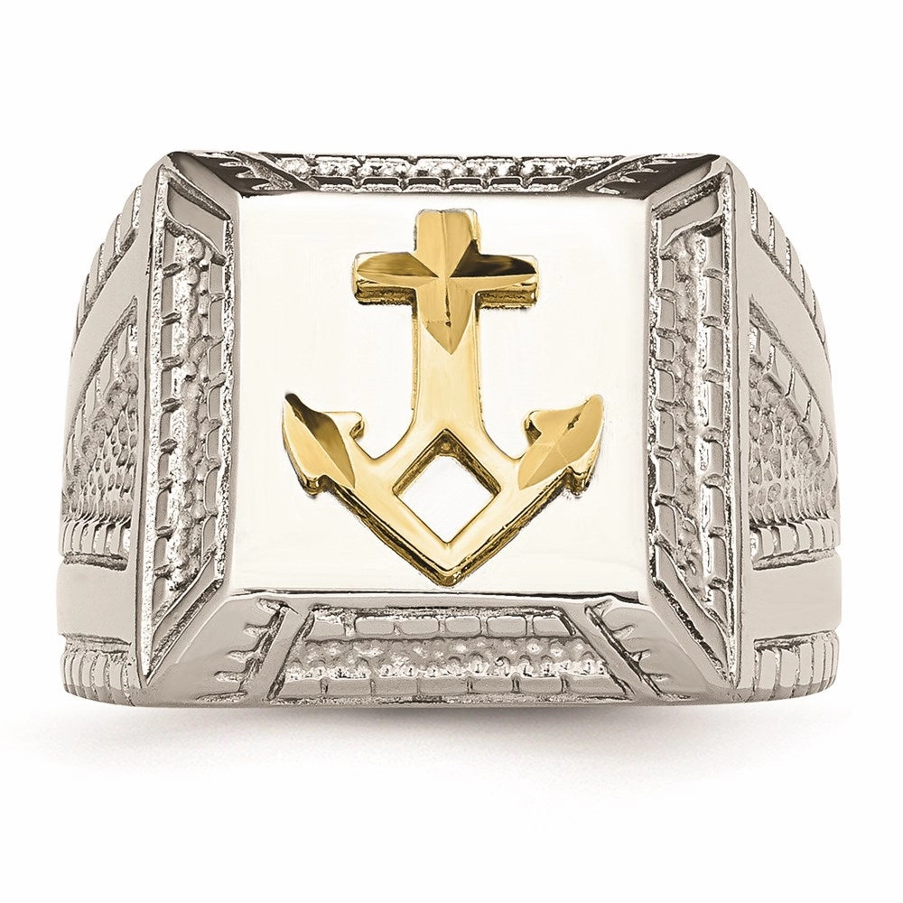 Stainless Steel Polished Yellow IP-plated w/ Sterling Silver Anchor Ring | SR471