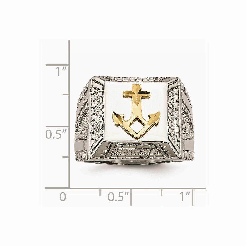 Stainless Steel Polished Yellow IP-plated w/ Sterling Silver Anchor Ring | SR471