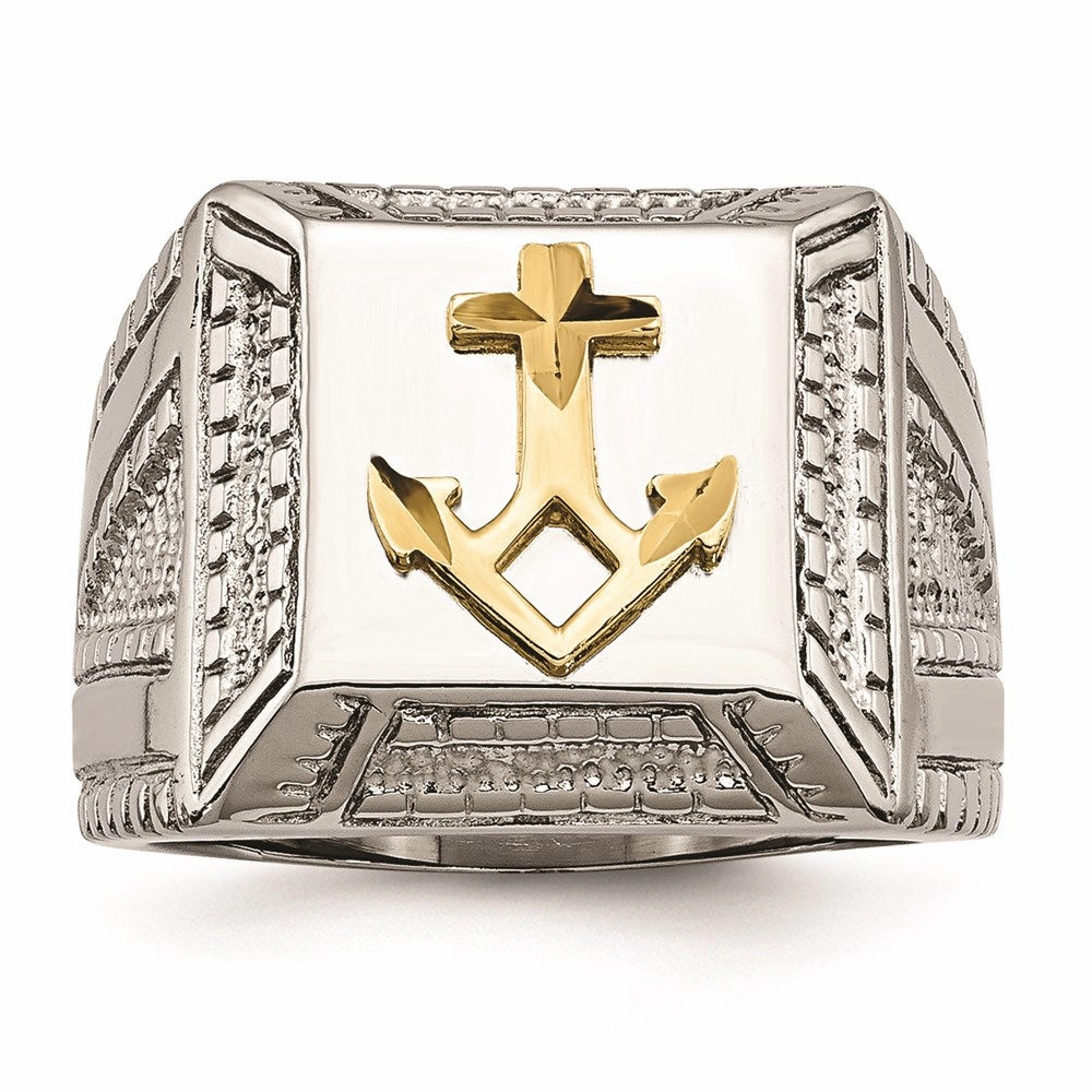 Stainless Steel Polished Yellow IP-plated w/ Sterling Silver Anchor Ring | SR471