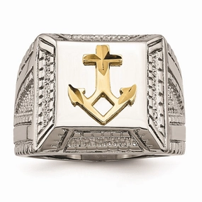 Stainless Steel Polished Yellow IP-plated w/ Sterling Silver Anchor Ring | SR471