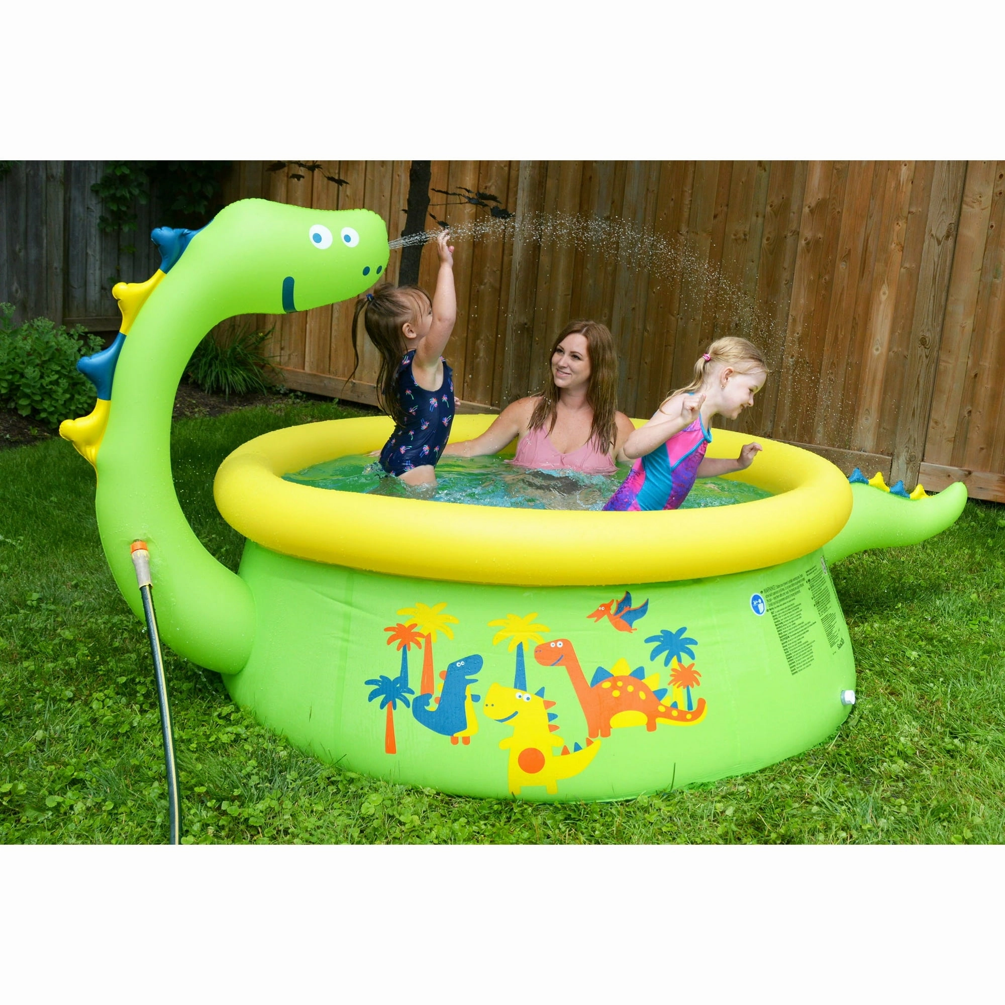 Sunclub 69" x 24.5" Green Round Inflatable Dinosaur Kiddie Pool with Spray Feature, Green - Easy to Use