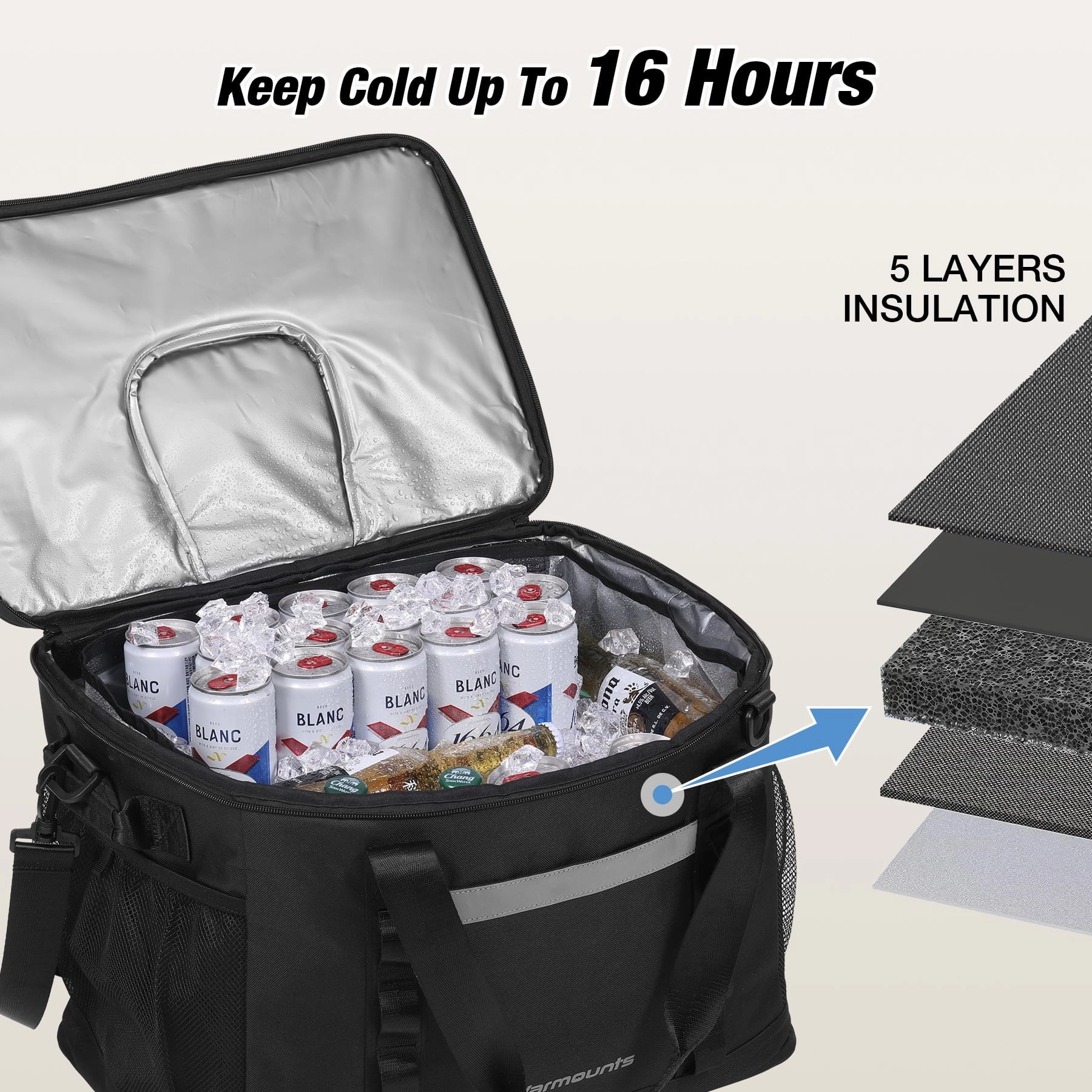 Warmounts Camping Cooler Bag & Insulated Bag 2 in 1, 75 Cans With Insulating Cover, 50 L Black